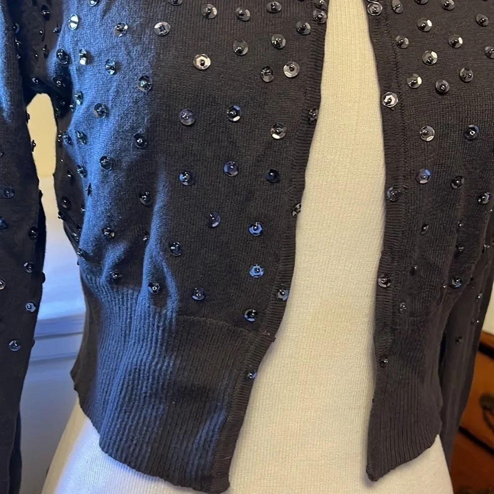 Charcoal gray soft short cardigan sweater with sequins and beads, small